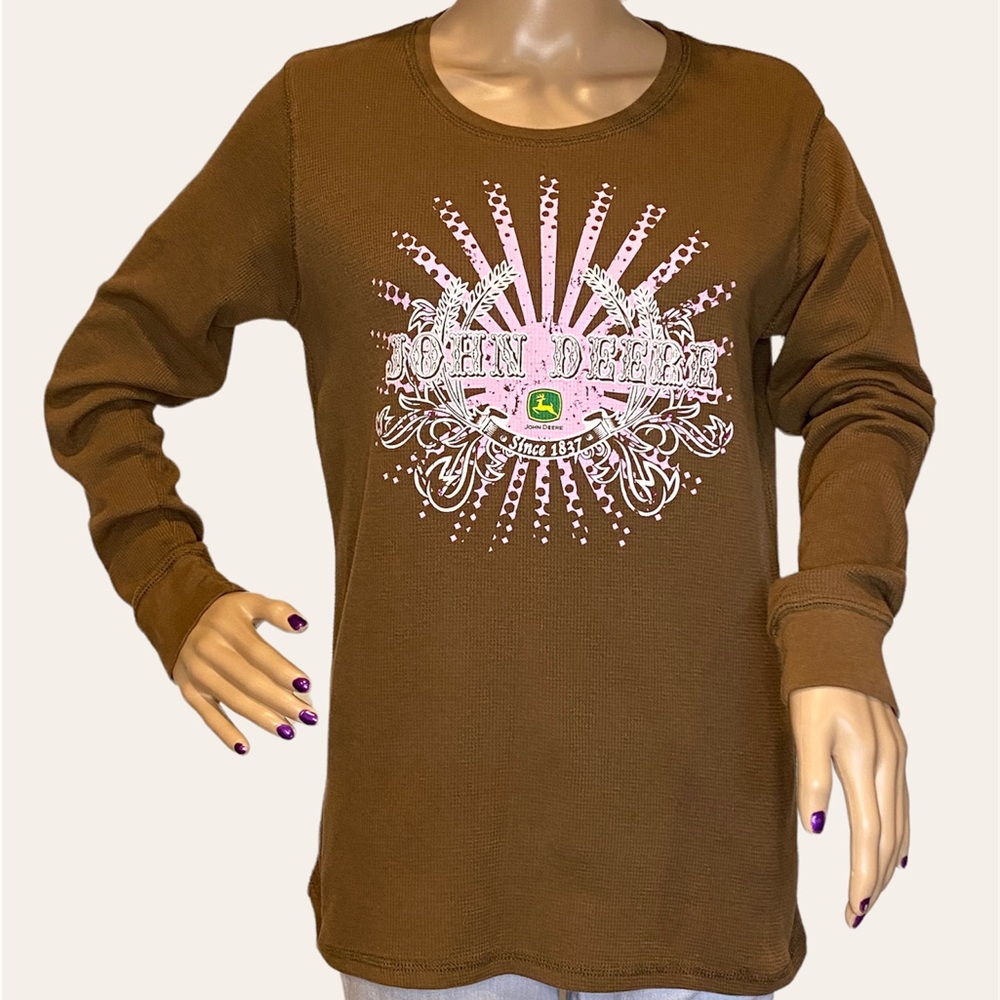 Women's John Deere Embellished Brown Pink Waffle Knit Shirt Top Size Large VGC